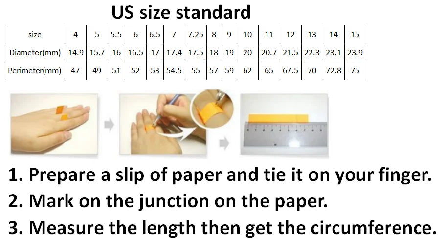 Measurement guide for finger size with US size standard chart, illustrations of hands with paper slips, and a ruler.
