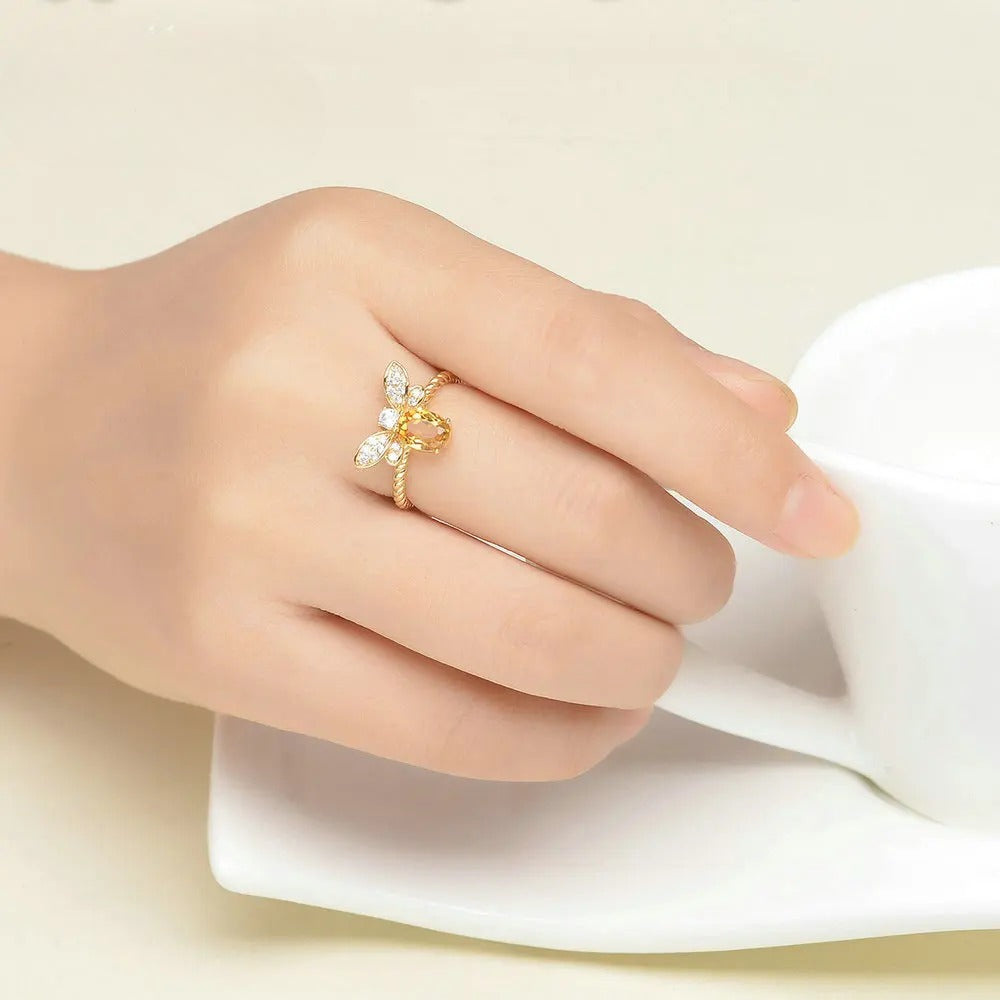 Close-Up of Citrine Honeybee Ring Showing Intricate Bee Details and Citrine Stone