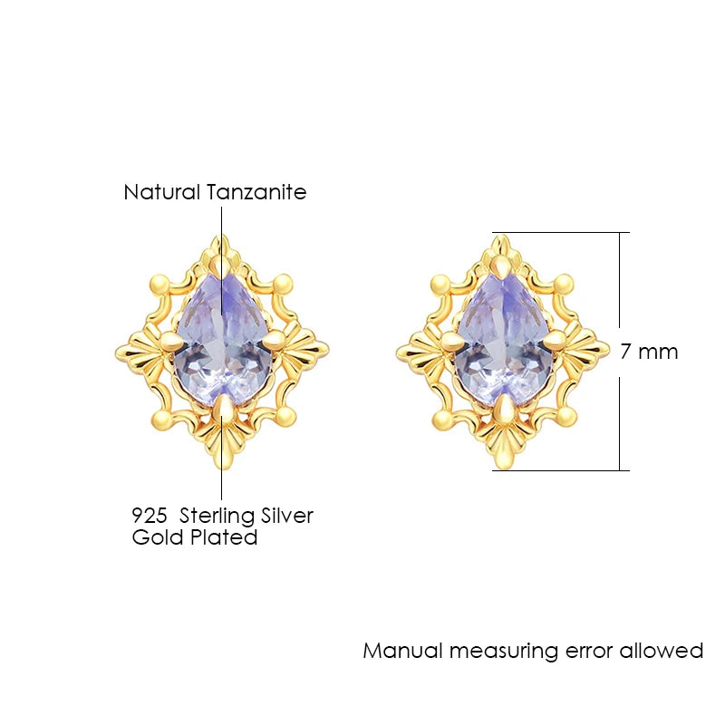 Gold Plated Tanzanite stud earrings showing stone and earring dimensions