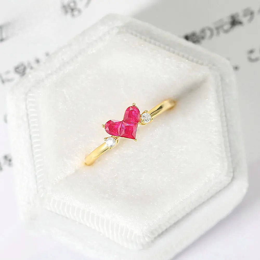 Ember heart-shaped corundum ring in gift box with 14K gold plated setting