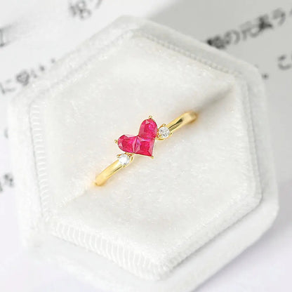 Ember heart-shaped corundum ring in gift box with 14K gold plated setting