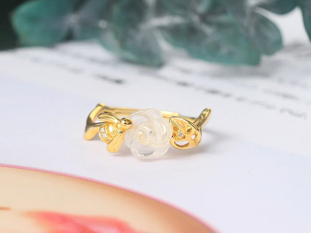 Close-Up of Rose & Bee Quartz Ring with Delicate Pink Gemstone