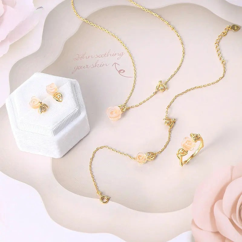 Rose & Bee Quartz Jewelry Set with Necklace, Earrings, Ring, and Bracelet in 14K Gold-Plated 925 Silver