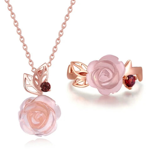 Specifications of Rose Quartz Necklace and Ring – Hand-Carved Gemstones, 925 Silver, Rose Gold Finish