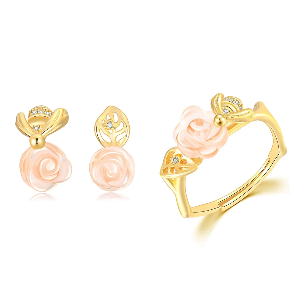 Rose & Bee Quartz Jewelry Set – Ring and Earrings