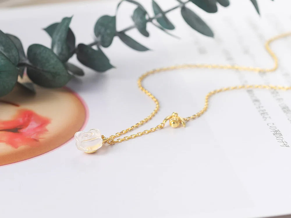 Rose & Bee Quartz Necklace with Elegant Pink Stone and Gold Finish