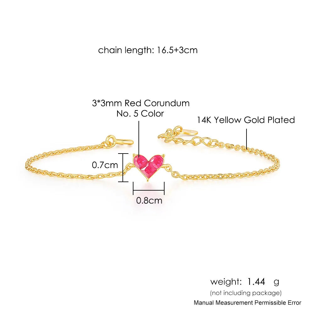 Specifications of Sweet Heart Corundum Bracelet – 925 Sterling Silver, 14K Gold-Plated, Adjustable Chain