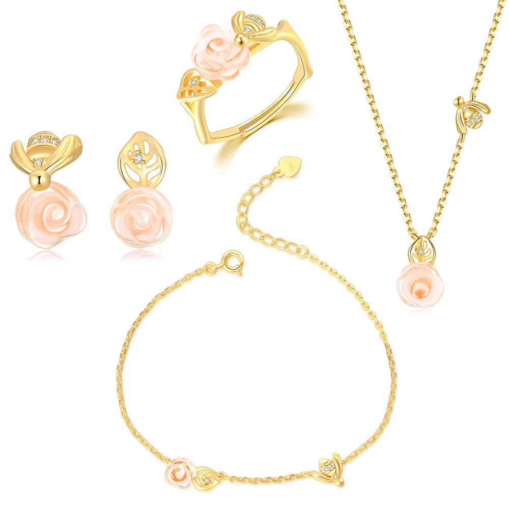 Gold-Plated Rose Quartz Set with Delicate Bee Design for Everyday Wear