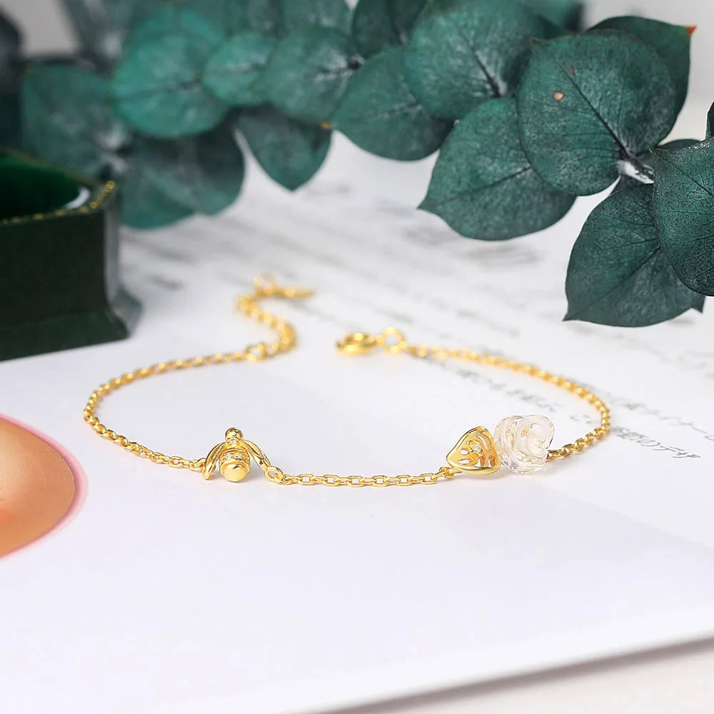 Rose Quartz Bracelet with Elegant Bee Motif in Gold-Plated 925 Silver