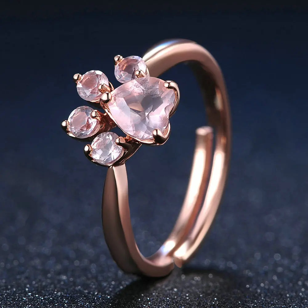 Delicate Paw Design Ring in Sterling Silver with Pink Quartz Stone