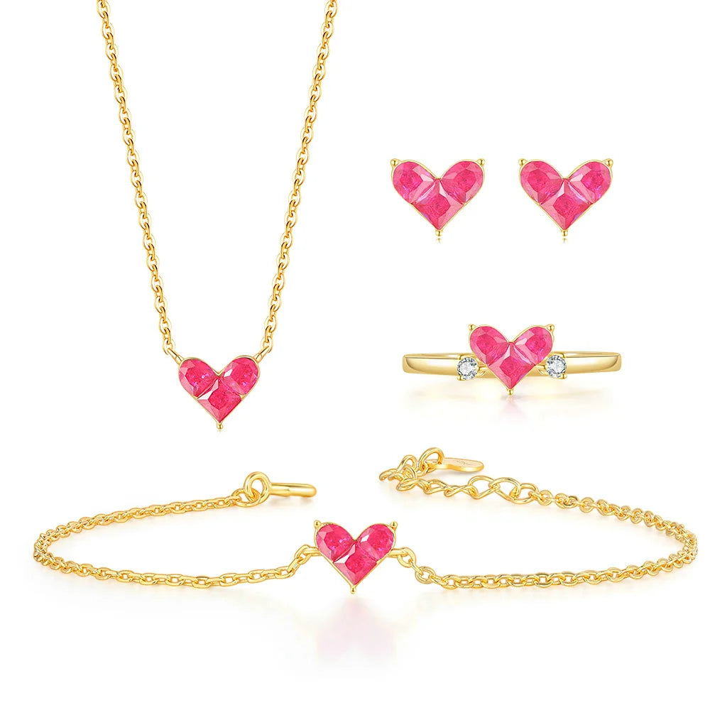 Elegant Heart Jewelry Set Featuring Necklace, Earrings, Bracelet, and Ring