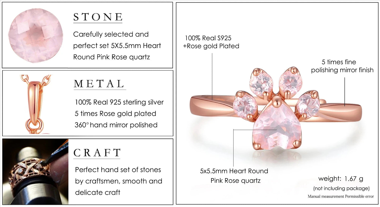 Pink Paw Ring Specifications – Natural Rose Quartz, 925 Silver