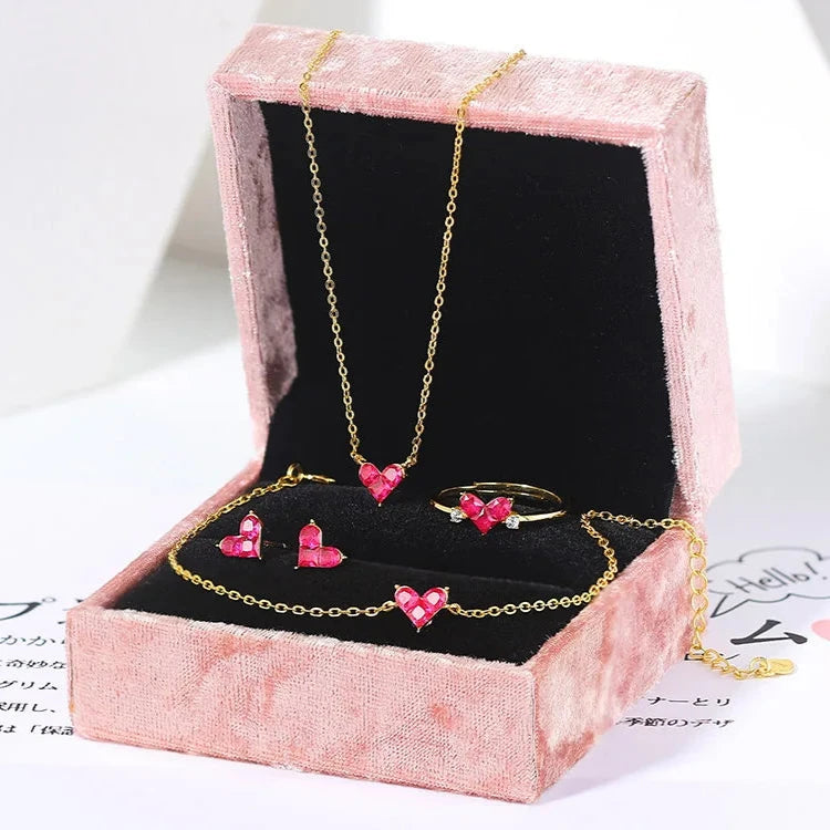 Sweety Heart Corundum Jewelry Set with Necklace, Bracelet, Ring, and Earrings in 14K Gold-Plated 925 Silver