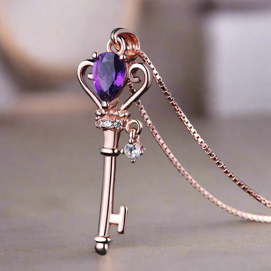 Crown Key Pendant with Natural Purple Amethyst in Rose Gold-Plated 925 Silver