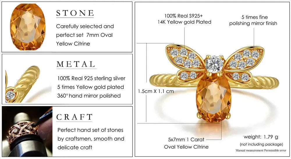 Citrine Honeybee Ring Specifications – Natural Citrine Stone, 14K Gold Plated, 925 Sterling Silver, 5x7mm Stone Size, Perfect Gift for Her