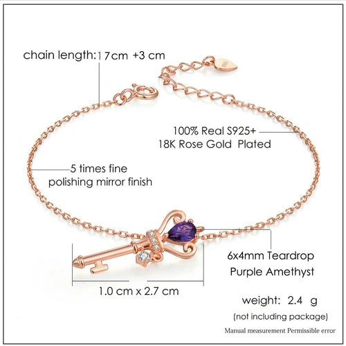 Rose Gold-Plated Key Bracelet with Teardrop Amethyst Stone for Everyday Wear