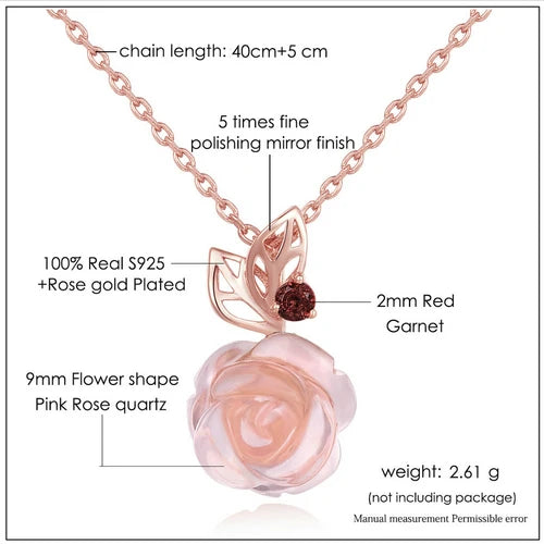 Rose Flower Quartz Necklace – 925 Sterling Silver with Natural Gemstone