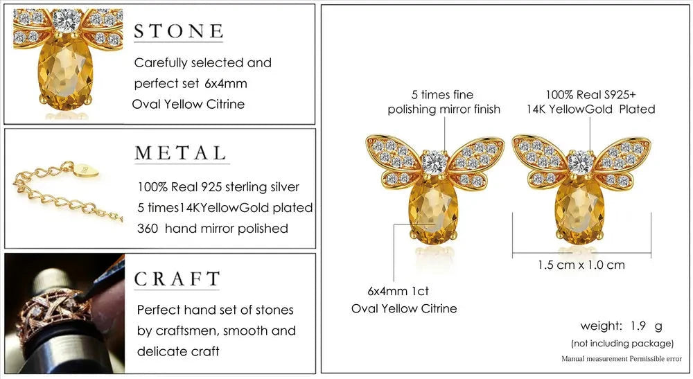 Matching Necklace, Bracelet, Earrings, and Ring with Citrine Stones in Bee Design