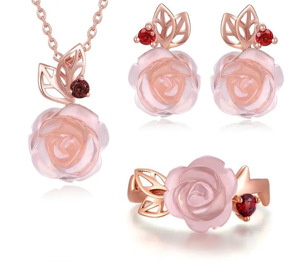 Rose Quartz Flower Jewelry Set with Hand-Carved Gemstones in 18K Rose Gold-Plated 925 Silver