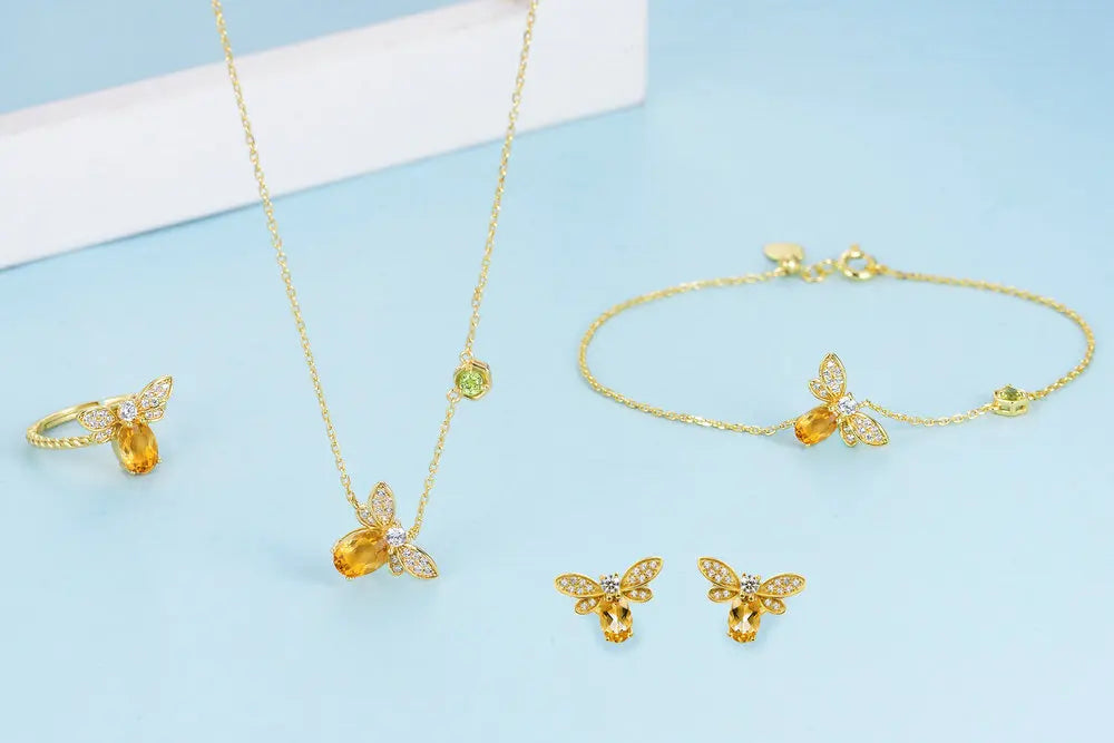 14K Gold-Plated Bee Jewelry Set with Natural Citrine Stones for Women