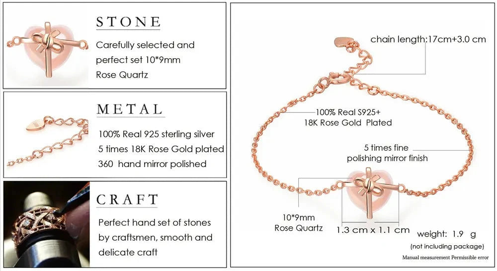 Specifications of Rose Quartz Heart Bracelet – Natural Gemstone, Rose Gold-Plated Sterling Silver, Adjustable Chain