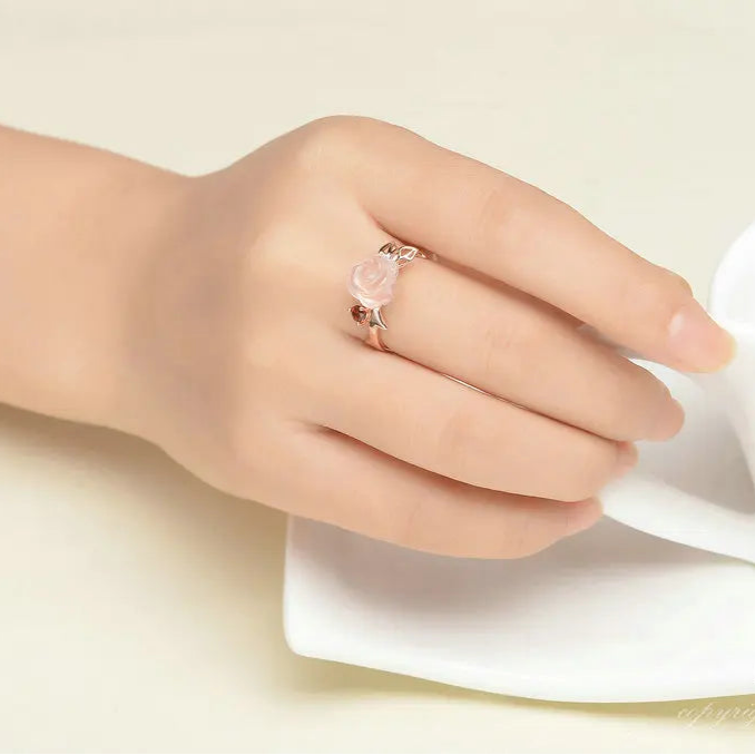 Rose Quartz Flower Ring with Intricate Design in 18K Rose Gold-Plated Sterling Silver