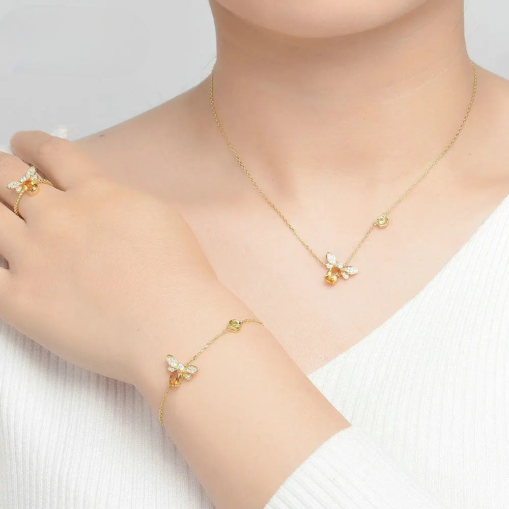 Bee Citrine Jewelry Set with Necklace, Bracelet, Ring, and Earrings in 14K Gold-Plated 925 Silver