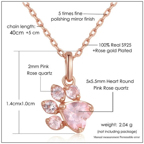 Specifications of Pink Quartz Paw Necklace – Natural Gemstones, Rose Gold-Plated 925 Silver, 1.7cm Pendant