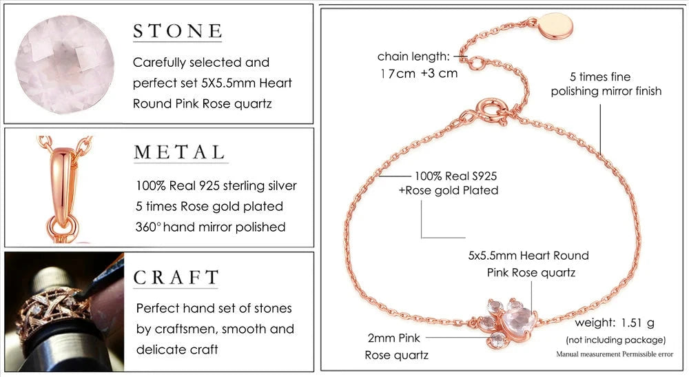 Specifications of Rose Quartz Paw Bracelet – 925 Sterling Silver, Rose Gold Plated, Adjustable Chain