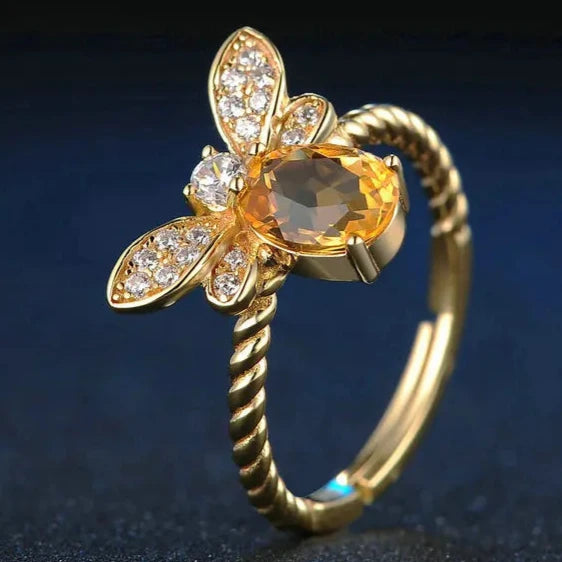 Bee Citrine Ring with Natural Citrine Stone and 14K Gold-Plated Finish