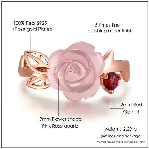 Rose Quartz Ring Specifications – Handcrafted Natural Rose Quartz, Red Garnet Accents, 925 Sterling Silver, 18K Rose Gold-Plated, Perfect Gift for Her 