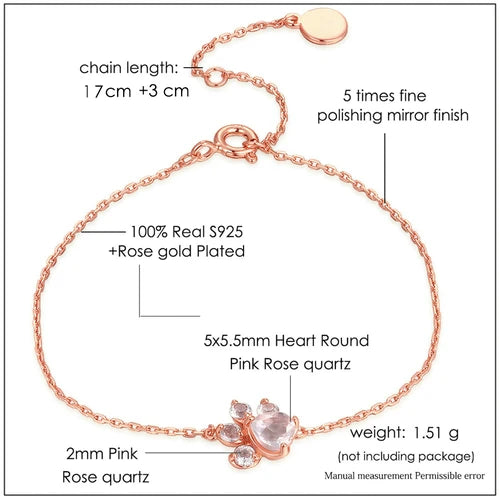 Rose Gold-Plated Paw Bracelet with Natural Pink Rose Quartz for Women