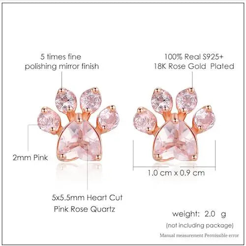 Rose Quartz Paw Design Earrings in Rose Gold Plated 925 Silver