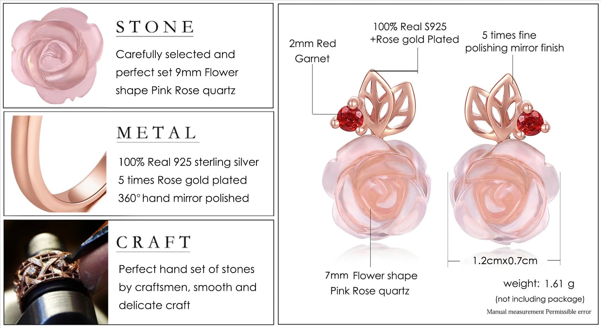 Specification of Hand-Carved Rose Quartz Flower Necklace in Rose Gold Finish