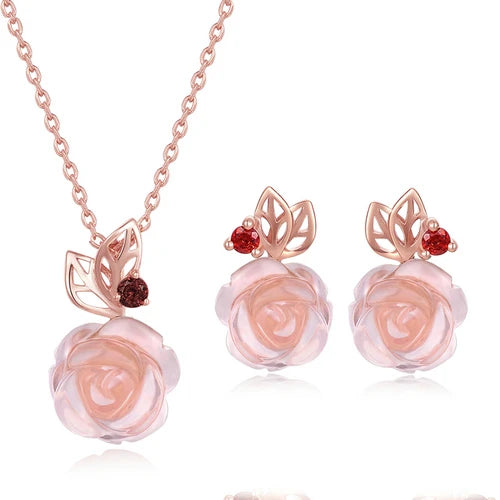 Nature-Inspired Rose Quartz Necklace and Earring with Delicate Design in Rose Gold Finish