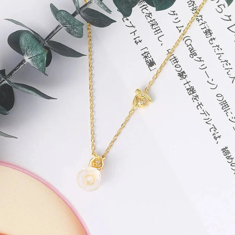 Hand-Carved Rose Quartz Pendant Necklace for Women in Gold-Plated Silver