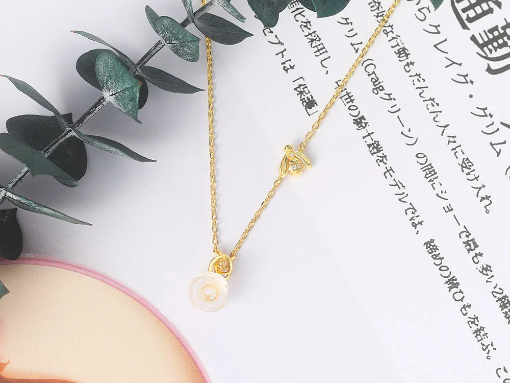 Gold-Plated Rose Quartz Necklace with Bee Detail for Women