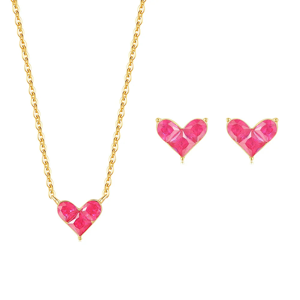 Heart Corundum Necklace with Earring with Elegant Gold-Plated Sterling Silver for Women