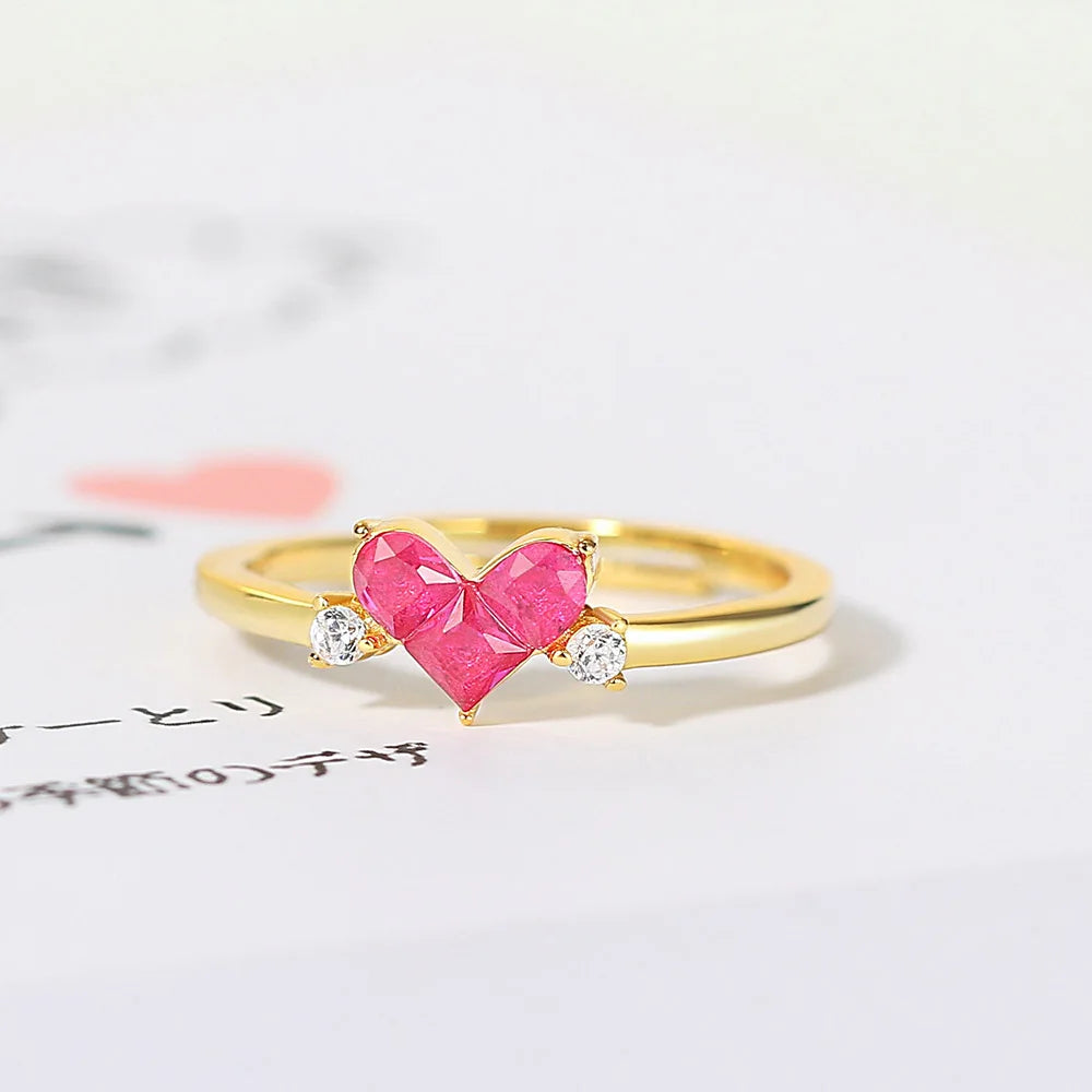 14K Yellow Gold-Plated Heart Ring with Dainty Corundum Stone