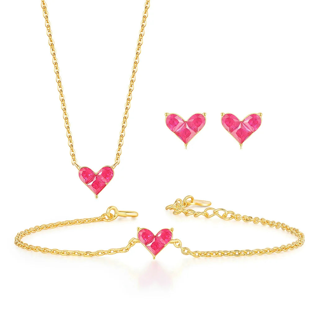 Synthetic Corundum Heart Necklace with Delicate Chain in 14K Gold Plating