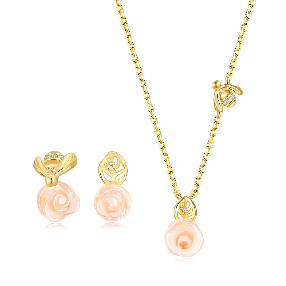 Rose & Bee Quartz Necklace and Earring Set