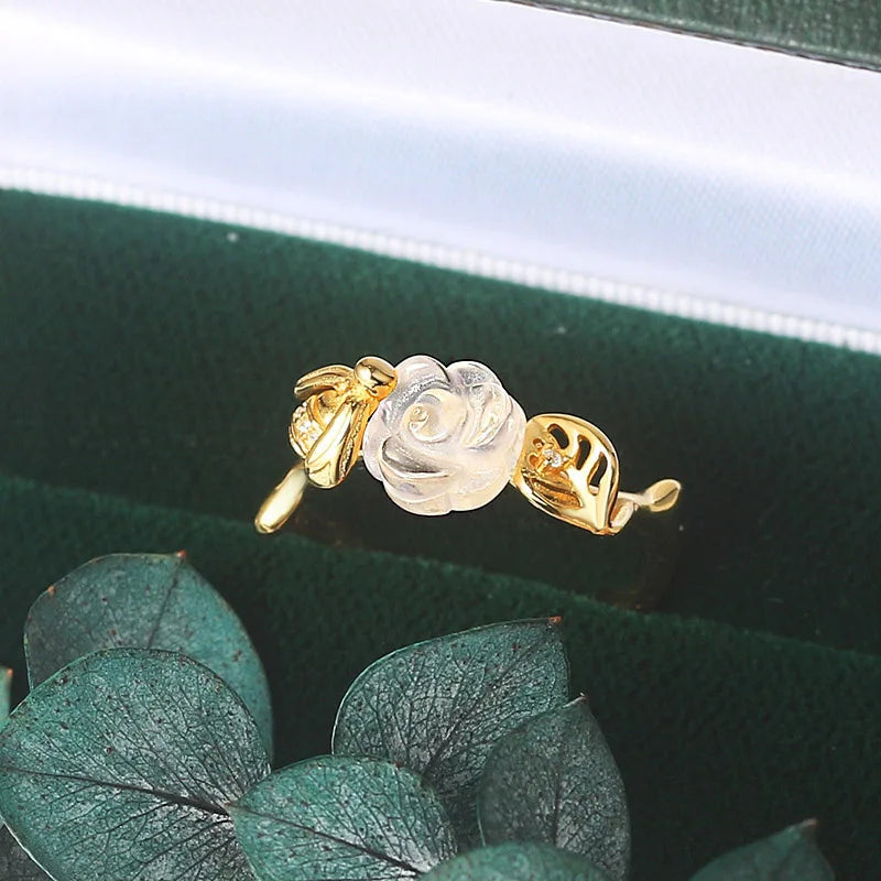 Close-Up of Rose & Bee Quartz Ring in Gold-Plated Sterling Silver