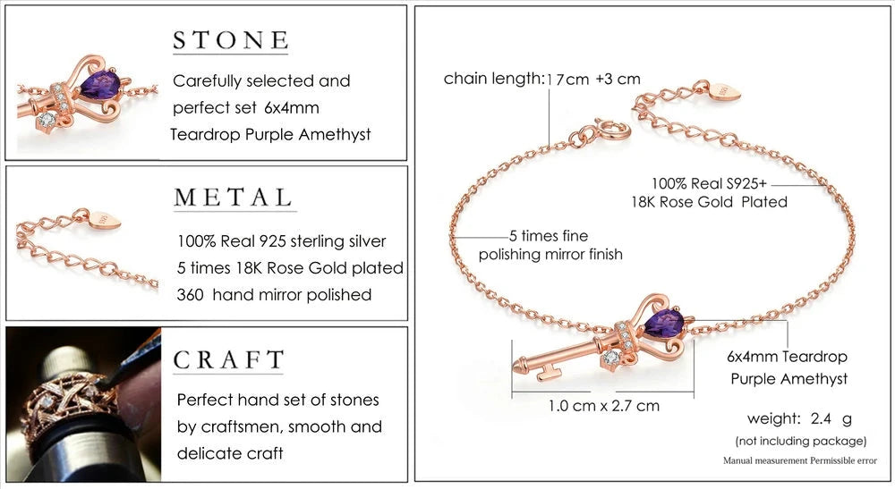 Specifications of Amethyst Key Bracelet – Natural Amethyst, Rose Gold-Plated Sterling Silver, Adjustable Chain