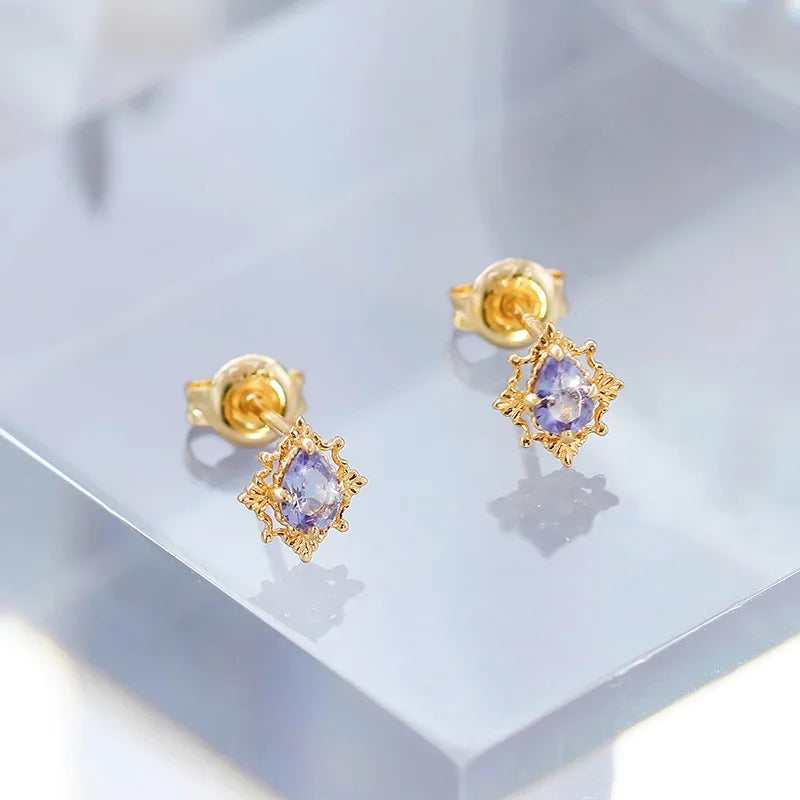 Natural tanzanite stud earrings in 14K gold plated 925 sterling silver