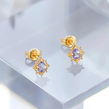 Natural tanzanite stud earrings in 14K gold plated 925 sterling silver