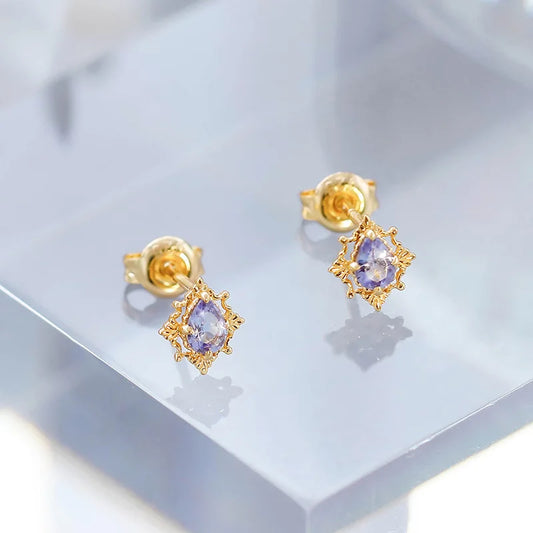 Natural tanzanite stud earrings in 14K gold plated 925 sterling silver