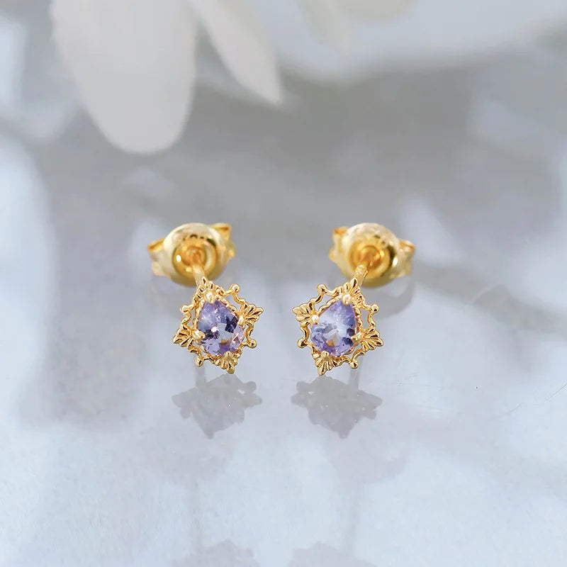 Pair of natural tanzanite stud earrings in 14K gold plated 925 sterling silver
