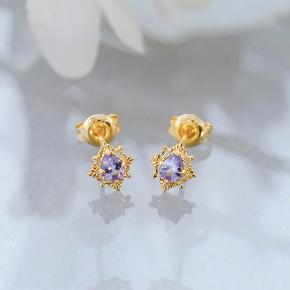 Pair of natural tanzanite stud earrings in 14K gold plated 925 sterling silver