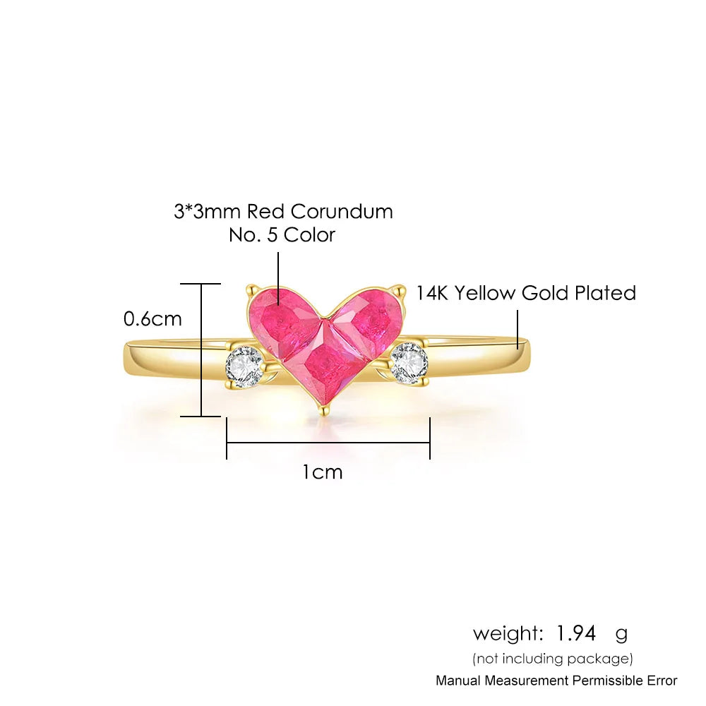 Ember heart-shaped corundum ring showing stone and ring dimensions