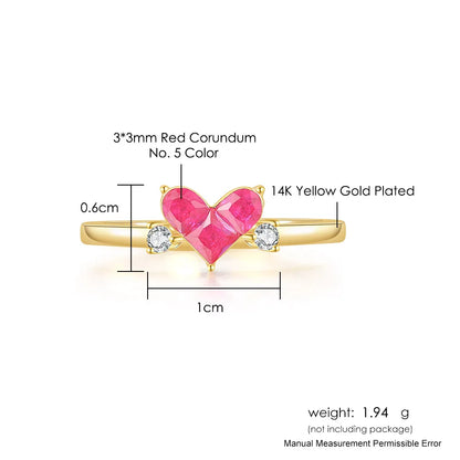 Ember heart-shaped corundum ring showing stone and ring dimensions